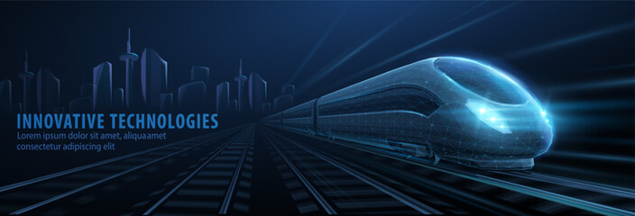 Fast express passenger train on high speed intercity railway moving from city. Future digital urban infrastructure. Modern town cityscape. 3d abstract infrastructure concept

