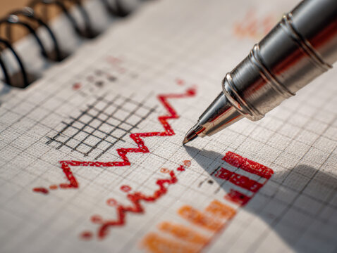 Graph paper with hand-drawn red and orange charts and diagrams being annotated with a metal pen tip reflecting light in a close-up creative business planning scenario