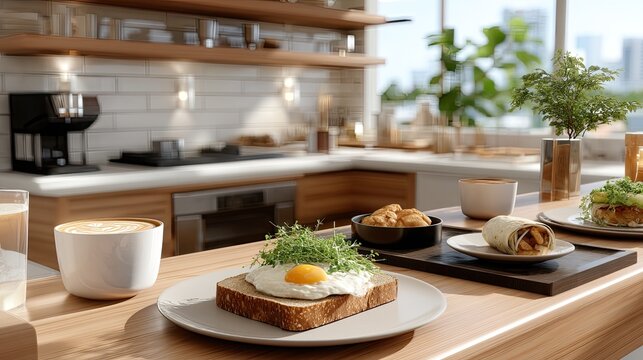 Fresh breakfast items including eggs, croissants, and drinks are served on a wooden kitchen table in morning light - Powered by Adobe