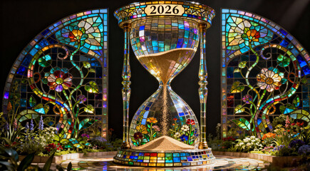 A massive, ornate hourglass with '2026' on the top, crafted from shimmering stained glass and surrounded by colorful floral mosaic panels and lush ground foliage.