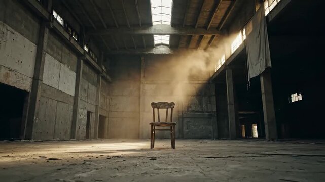 Lonely chair in abandoned warehouse with dust floating in sunlight &mdash; concept of solitude and memory