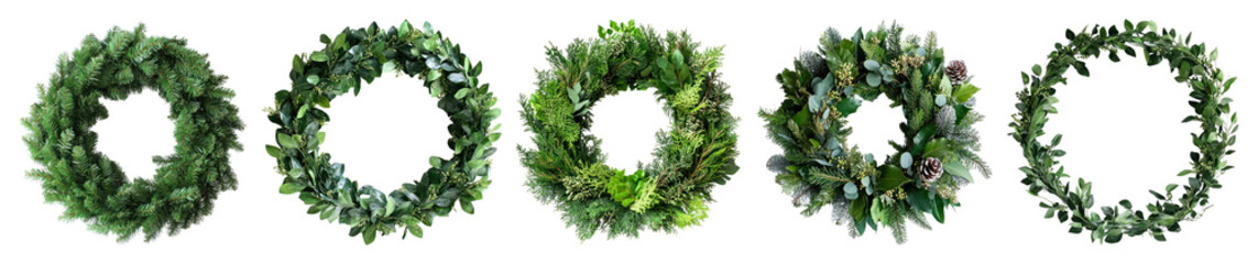 Obraz premium PNG Lush green wreaths collection, element set on transparent background
