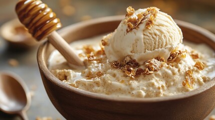 A bowl of rice pudding with ice cream and honey dipper on a wooden table in a warm light setting