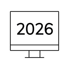 icons. 2026. a collection of minimalist icons depicting the year 2026, integrated into various themes such as documents, devices, graphics, people, communications, and technology.	
