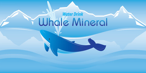 Blue whale illustration with water splash and mountain background, designed for 