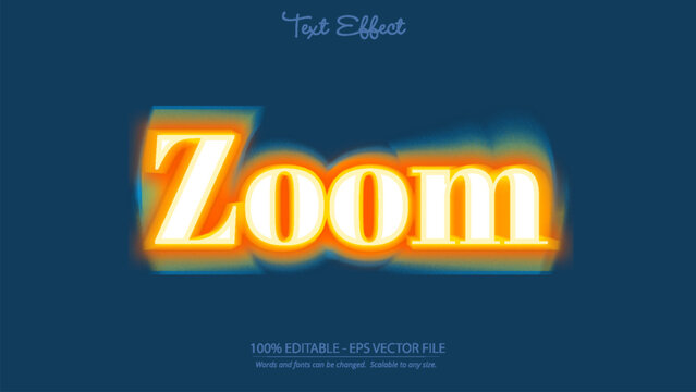 Zoom editable glowing text effect with orange and blue neon style on dark background vector