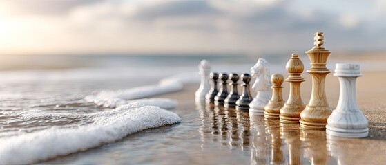 A chess set is arranged on the beach at sunset, casting reflections in the water, surrounded by calming waves and clouds