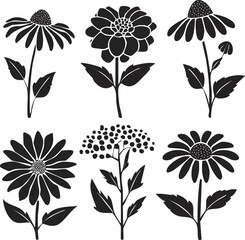 Collection of Six Different Black Floral Silhouettes with Stems and Leaves for Decorative or Artistic Use