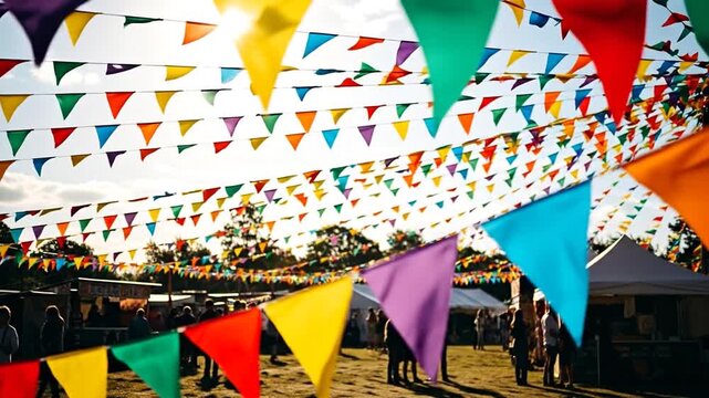 Vibrant triangular flags waving in the sunlit air at an outdoor festival scene