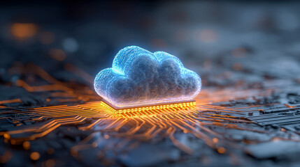 Digital cloud computing concept with glowing data connections and advanced circuit board technology representing futuristic information storage and networking