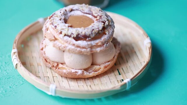 Close-Up of Pistachio and Pumpkin Christmas Paris-Brest Dessert
