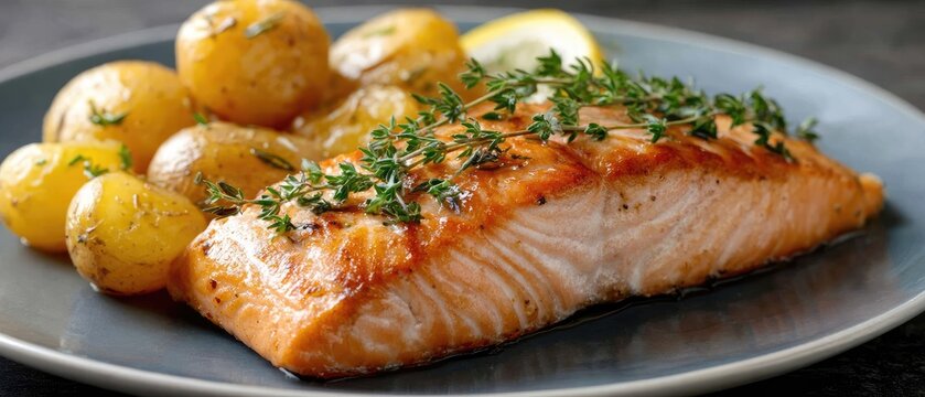 Grilled salmon fillet served with baby potatoes, garnished with lemon and dill, showcasing rich colors and textures for food enthusiasts