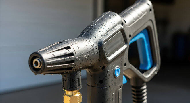 Sleek electric pressure washer handle with water droplets and modern design for home cleaning tasks