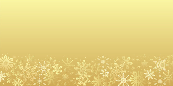 New year and Christmas golden background with snowflakes. Copy space frame. Shiny luxury winter backdrop for greeting card, banner, packaging design. Glowing holiday border with gold ice crystals.