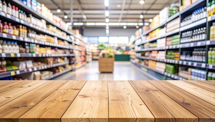Grocery store aisle viewed from wooden counter, stocked shelves with bottles and boxes, bright lighting and central display.