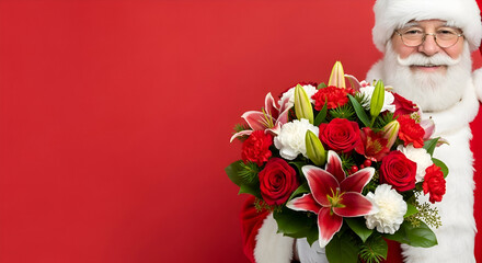 Santa Claus holding a bouquet of flowers with warm smile, red background, concept of Christmas greetings, delivery and flower gift for holiday season