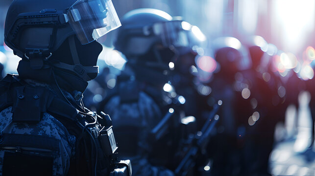 Riot Police Line with Helmets and Protective Gear