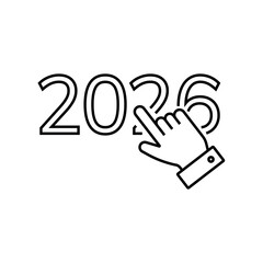 icons. 2026. a collection of minimalist icons depicting the year 2026, integrated into various themes such as documents, devices, graphics, people, communications, and technology.	
