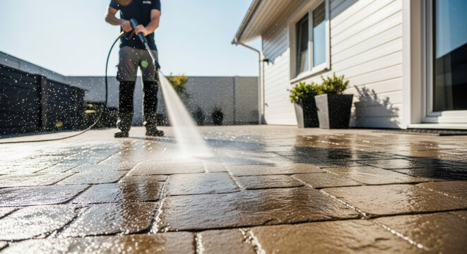 Worker pressure washing stone patio in bright sunlight near modern home