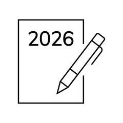 icons. 2026. a collection of minimalist icons depicting the year 2026, integrated into various themes such as documents, devices, graphics, people, communications, and technology.	
