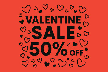 Valentine sale 50 percent off with decorative hearts and festive elements