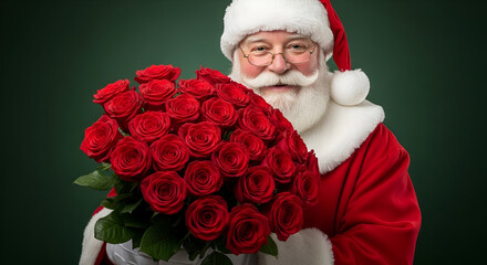 Santa Claus holding a bouquet of red roses with warm smile, green background, concept of Christmas greetings, delivery and flower gift for holiday season