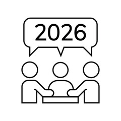 icons. 2026. a collection of minimalist icons depicting the year 2026, integrated into various themes such as documents, devices, graphics, people, communications, and technology.	

