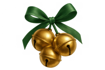 Golden sleigh bells with green ribbon bow hanging, symbolizing holiday season, christmas joy, and winter celebration