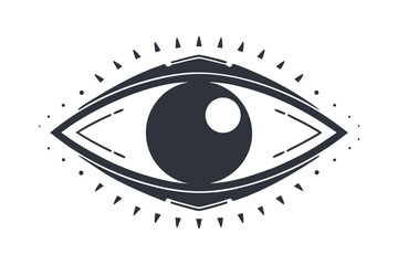 Stylized eye emblem in monochrome shows unique tribal design elements surrounding the pupil