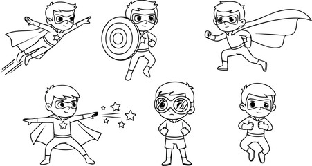 Obraz premium Cute superhero children in different action poses with capes and masks vector illustration cartoon style