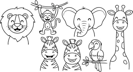 Cute cartoon wild animals including lion monkey elephant giraffe zebra and parrot in black and white line art style vector illustration