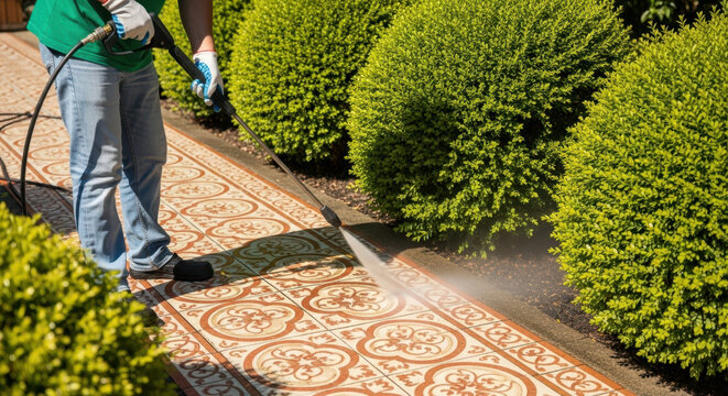 Garden path cleaning pressure washer, cleaning concrete path with water jet on patio, outdoor cleaning, home improvement
