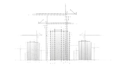 Digital construction site sketch. Building 3D Printing, Building Information Modeling, Industrial background, Build project, Architect plan, City work, Urban development, Modular Construction concept.