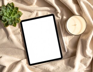 Cozy flat lay,  digital tablet mockup with blank screen beside candle and succulent, soft beige background
