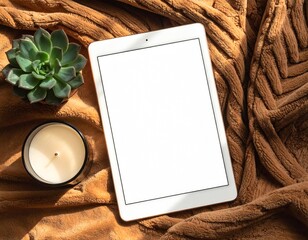 Cozy flat lay of tablet mockup with blank screen beside candle and succulent