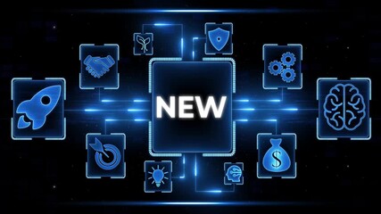 New innovation concept digital network connections with icons for growth success strategy finance technology and startup launch in blue neon glow on dark background - Powered by Adobe