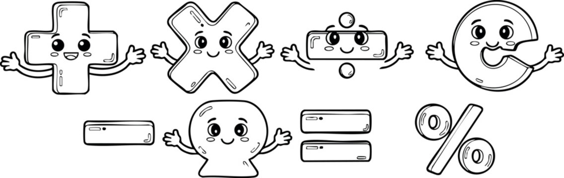 Cute math symbols with eyes and arms cartoon style for education and children learning vector illustration