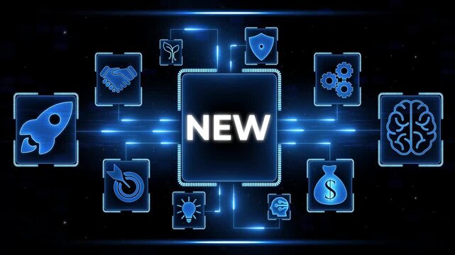 New innovation concept digital network connections with icons for growth success strategy finance technology and startup launch in blue neon glow on dark background - Powered by Adobe