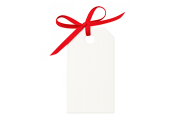 Blank white gift tag label with red ribbon and bow, ready for text, isolated on transparent background