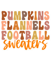 Pumpkins Flannels Football Sweaters Fall autumn typography clip art design on plain white transparent isolated background for card, shirt, hoodie, sweatshirt, apparel, tag, mug, icon, poster or badge