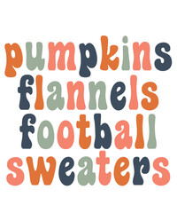 Pumpkins Flannels Football Sweaters Fall autumn typography clip art design on plain white transparent isolated background for card, shirt, hoodie, sweatshirt, apparel, tag, mug, icon, poster or badge