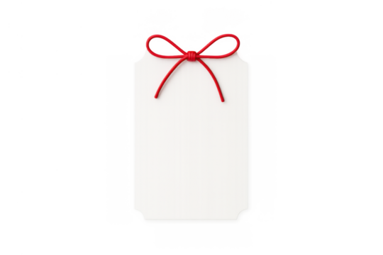 White gift tag with a red bow, isolated on a transparent background, providing ample space for text, prices, or branding