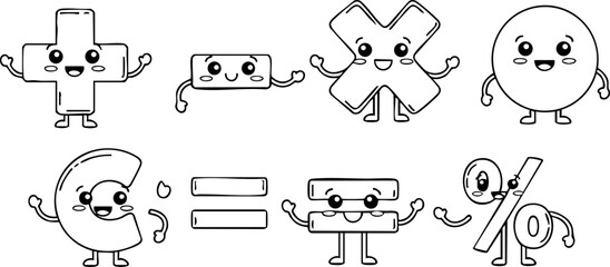 Cute math symbols with happy faces and arms vector illustration for education and learning concepts
