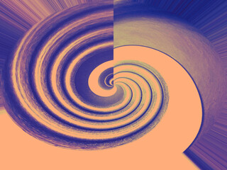 Imagine a shell on the beach or a new world forming in the abstract. Many curved lines end in a central location, Bright lines emphasize the middle section. It looks as if a puzzle can be solved.