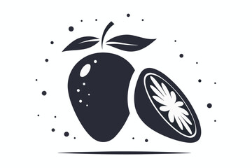 Two stylized mangoes in monochrome, one sliced showing the fruit on a white background