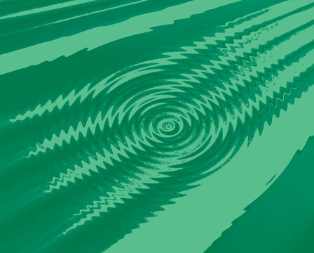 Intensive sound waves explode from center circle of green. Zig zag lines show abrupt entry across the page in diagonal fashion. It is as if an earthquake just happened, an interruption in daily life.