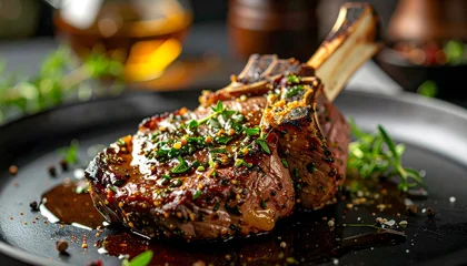 Wandcirkels Restaurant Herb-Crusted Lamb Chop Close Up Shot  © Stanislava