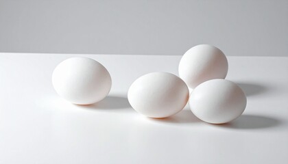white eggs rest on a smooth white surface with a soft gray background