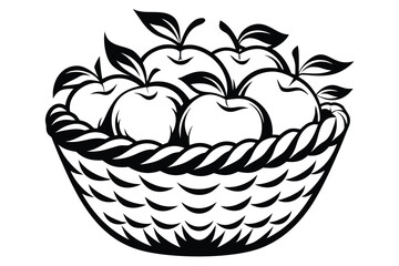 Wicker basket holds apples with leaves in a stylized, monochrome black and white rendering