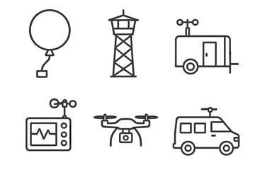 Meteorology Fieldwork Icons. Line style icons of meteorology fieldwork: weather balloon, observation tower, mobile station, data